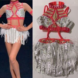 Glamour solo dance costume silver 2 piece rhinestone fringe feather sassy MA